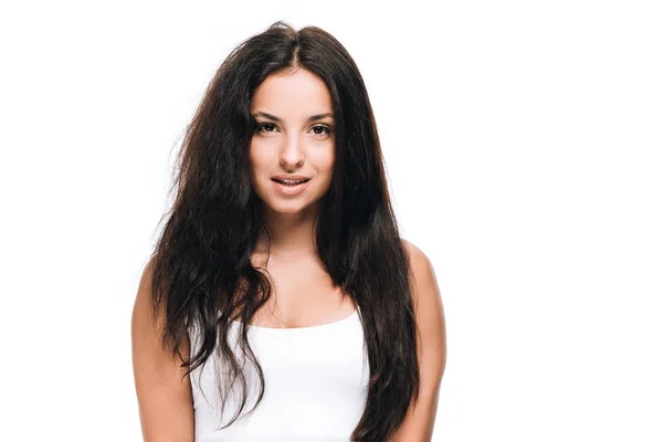 Morena Hermosa Mujer Con Pelo Liso Rizado Aislado Blanco — Foto de Stock