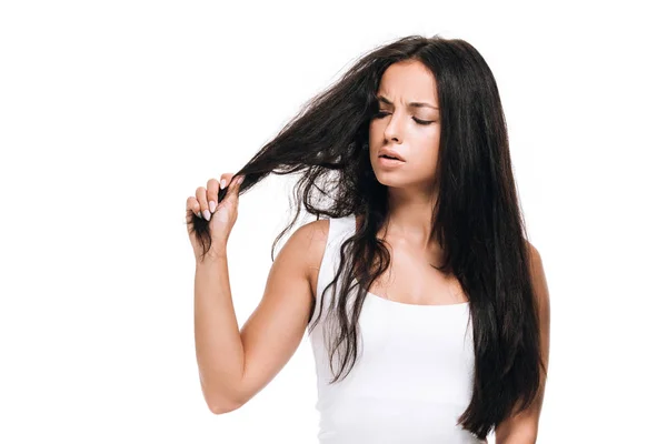 Worried Brunette Beautiful Woman Straight Curly Hair Isolated White — Stock Photo, Image