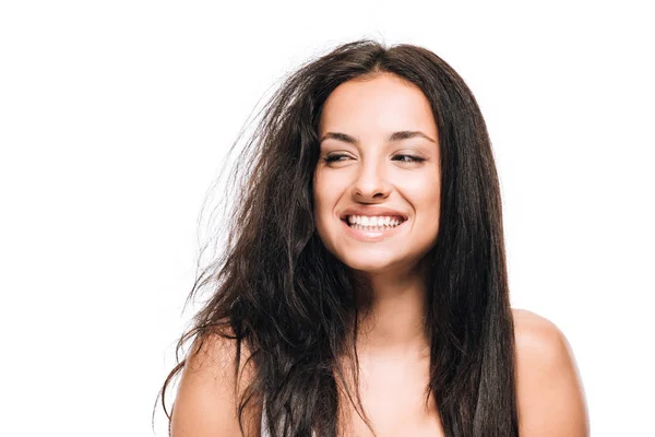 Hermosa Mujer Sonriente Con Pelo Liso Rizado Aislado Blanco — Foto de Stock