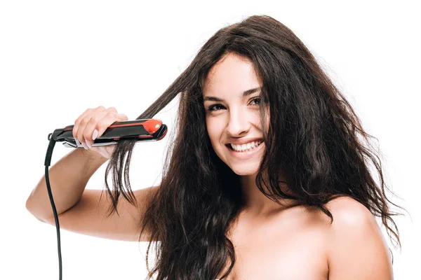 Happy Brunette Beautiful Woman Styling Curly Hair Flat Iron Isolated — Stock Photo, Image