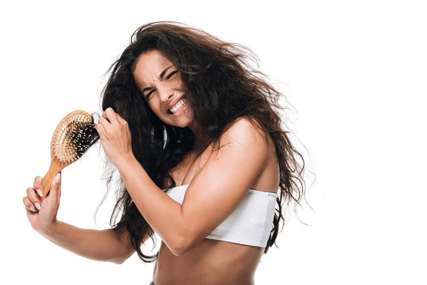 Stressed Brunette Woman Wavy Unruly Hair Comb Isolated White — Stock Photo, Image