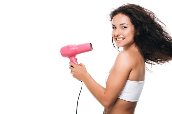 Side View Happy Brunette Beautiful Woman Styling Curly Hair Pink — Stock Photo, Image