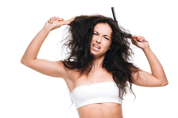 Upset Brunette Woman Combs Wavy Unruly Hair Isolated White — Stock Photo, Image