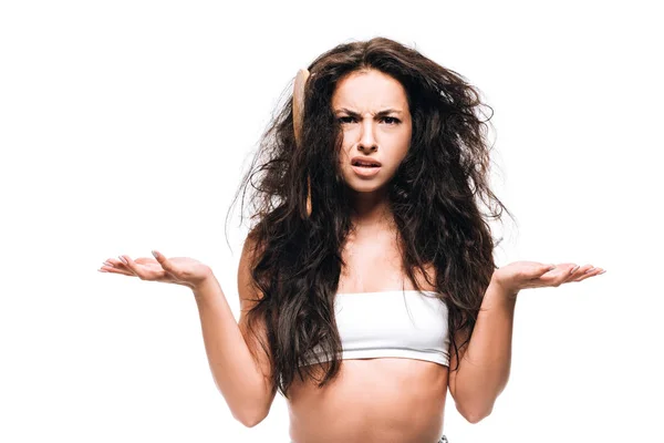 Confused Brunette Woman Hairbrush Unruly Curly Hair Isolated White — Stock Photo, Image