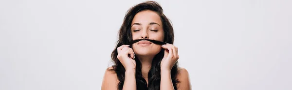 Panoramic Shot Brunette Beautiful Woman Closed Eyes Making Fake Mustache — Stock Photo, Image