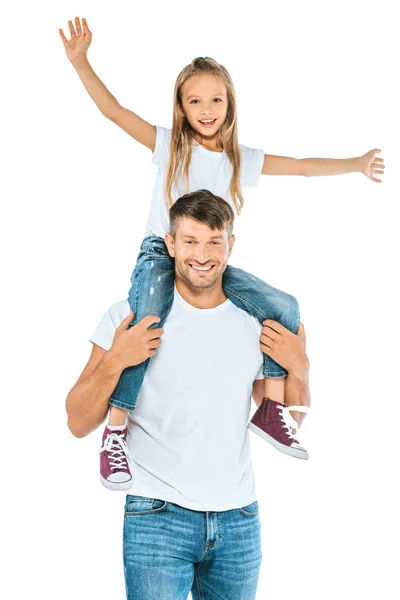 Feliz Padre Sosteniendo Sobre Los Hombros Hija Con Las Manos — Foto de Stock