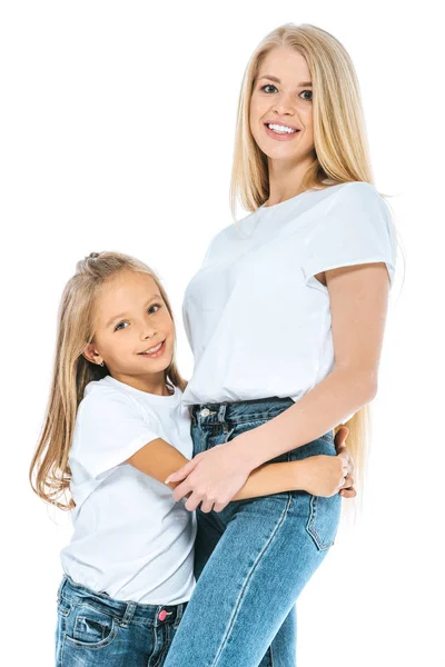 Feliz Hija Sonriendo Abrazando Hermosa Madre Aislada Blanco —  Fotos de Stock