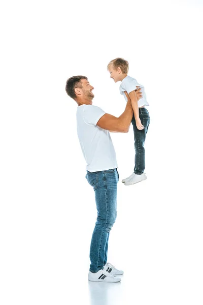 Happy Dad Holding Arms Cute Son White — Stock Photo, Image