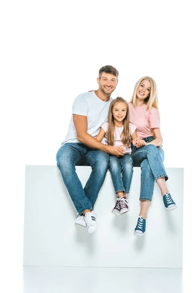 Happy Parents Daughter Sitting Cube Isolated White — Stock Photo, Image