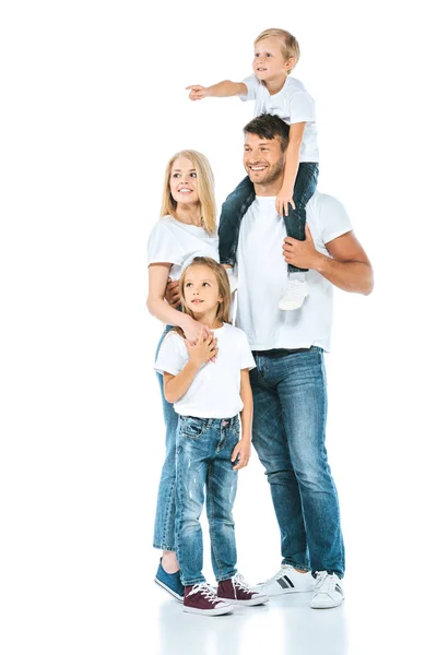 Happy Father Holding Shoulders Preteen Pointing Finger Mother Sister White — Stock Photo, Image