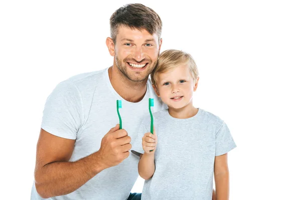 Cheerful Man Son Holding Toothbrushes Isolated White — Stock Photo, Image