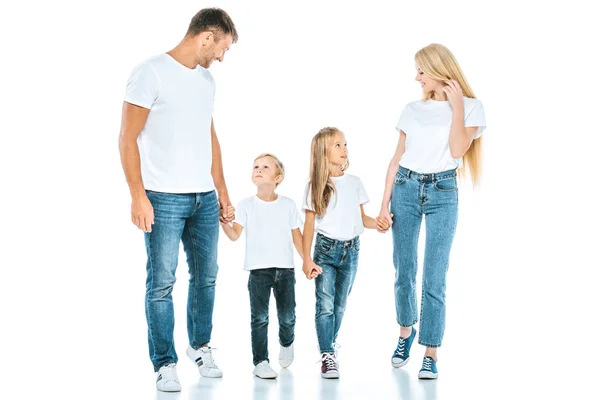 Happy Parents Holding Hands Cute Kids White — Stock Photo, Image