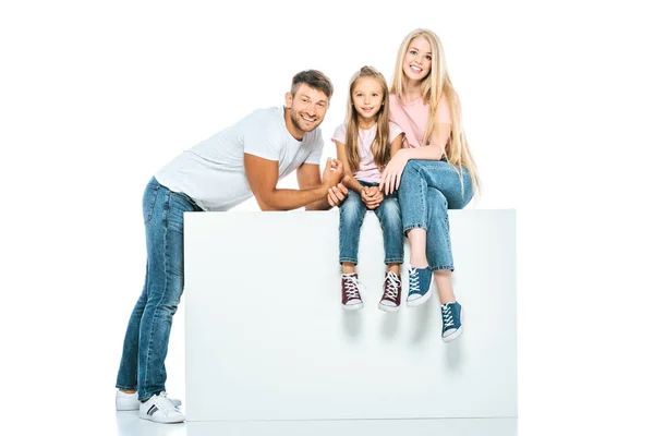 Happy Mother Daughter Sitting Cube Man White — Stock Photo, Image