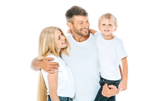 Happy Man Hugging Wife While Holding Arms Son Isolated White — Stock Photo, Image
