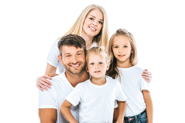 happy family in white t-shirts looking at camera and smiling isolated on white 