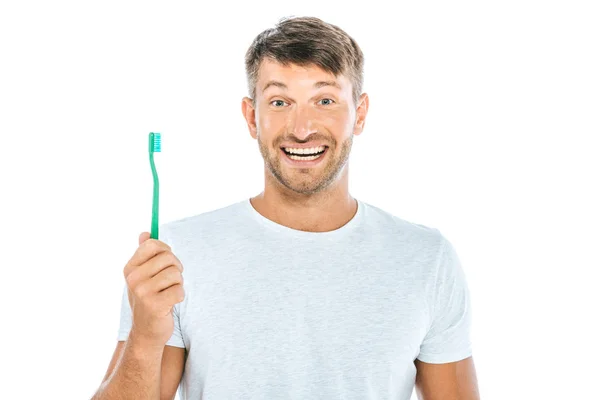 Веселый Человек Держит Зубную Щетку Улыбаясь Изолированно Белом — стоковое фото