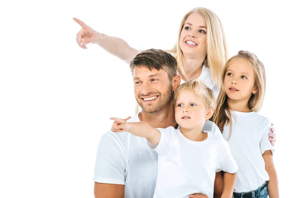 Positive Family Pointing Fingers Isolated White — Stock Photo, Image