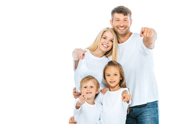 positive family in white t-shirts pointing with fingers isolated on white 