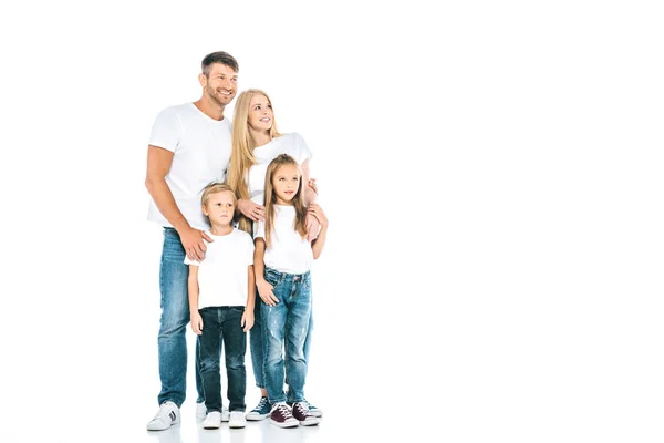 Familia Feliz Pantalones Vaqueros Azules Pie Blanco —  Fotos de Stock