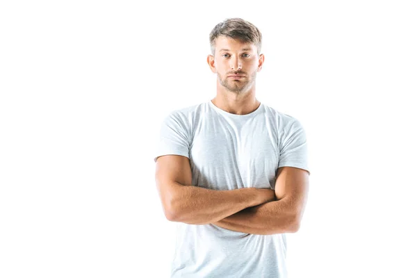 Handsome Man Looking Camera Standing Crossed Arms Isolated White — Stock Photo, Image