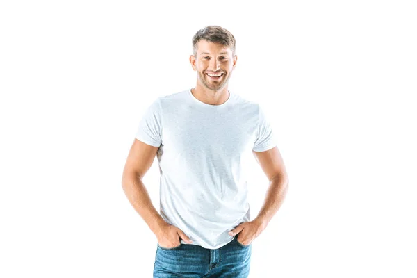 Homem Alegre Bonito Com Mãos Bolsos Isolados Branco — Fotografia de Stock