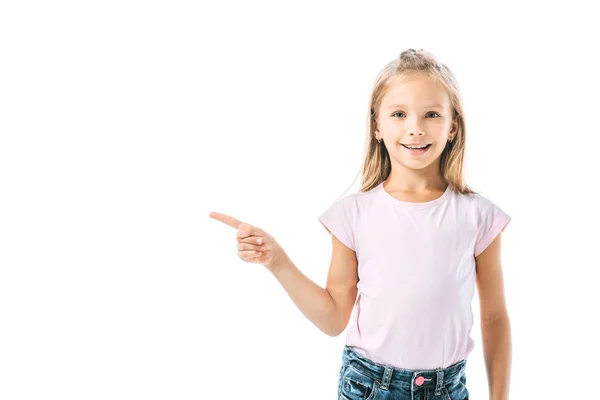 Niño Positivo Lindo Señalando Con Dedo Aislado Blanco — Foto de Stock