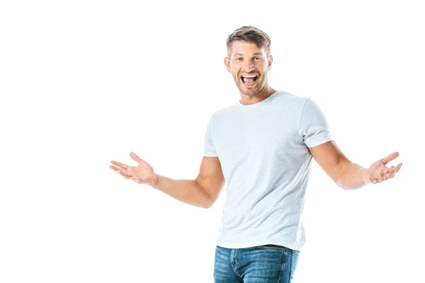 Excited Man Gesturing Looking Camera Isolated White — Stock Photo, Image