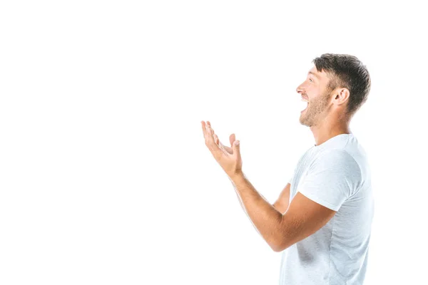 Widok Boku Podekscytowany Człowiek Wskazując Rąk Odizolowanych Białym — Zdjęcie stockowe