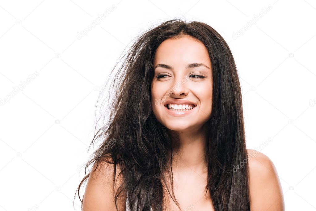 smiling beautiful woman with straight and curly hair isolated on white