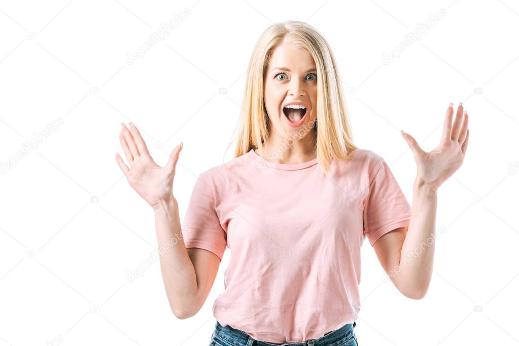 excited woman with opened mouth gesturing isolated on white 