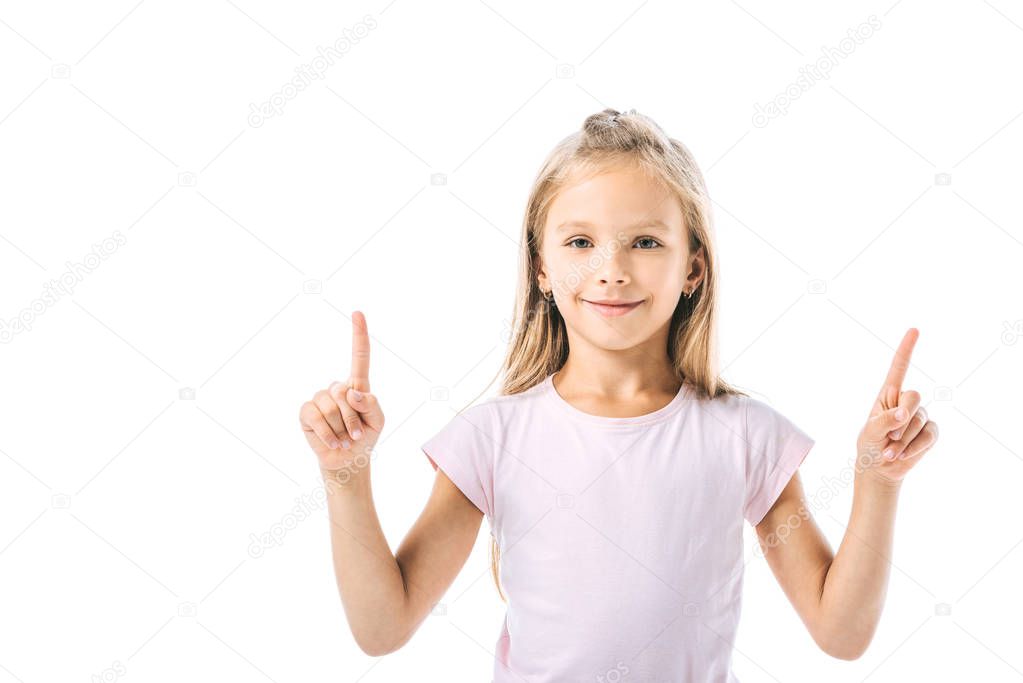 positive kid pointing with fingers isolated on white 