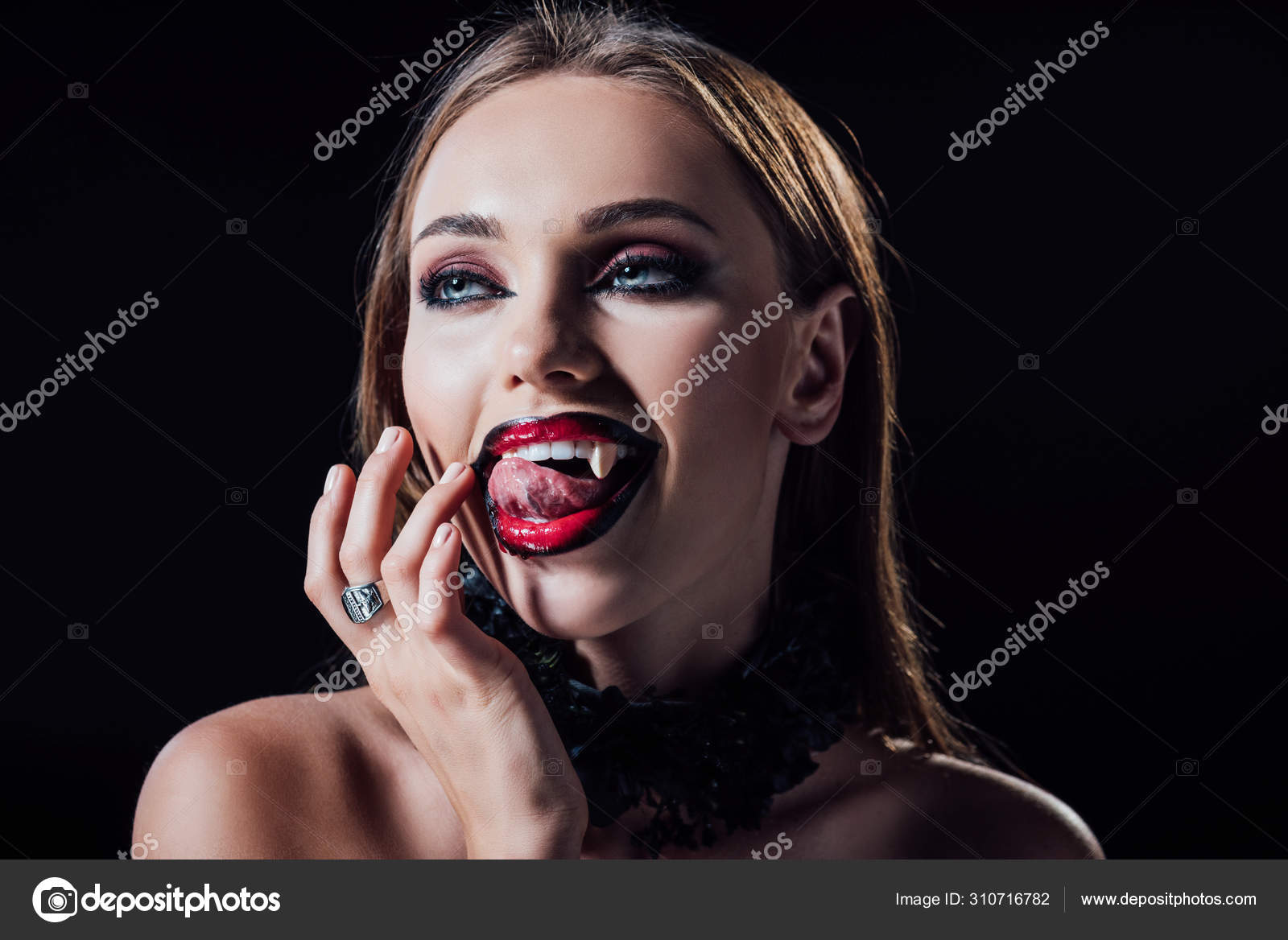 Naked Scary Vampire Girl Fangs Licking Fingers Isolated Black — Stock Photo © AndrewLozovyi