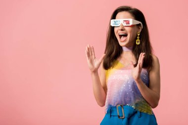excited young stylish disco girl in 3d glasses isolated on pink clipart