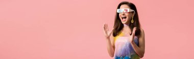 excited young stylish disco girl in 3d glasses isolated on pink, panoramic shot clipart