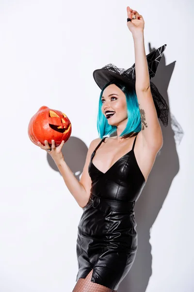 Sexy Girl Black Witch Halloween Costume Blue Hair Holding Spooky — Stock Photo, Image