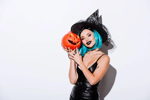 Sexy Girl Black Witch Halloween Costume Blue Hair Holding Spooky — ストック写真