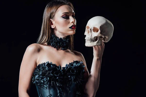 Scary Vampire Girl Black Gothic Dress Holding Human Skull Isolated — Stock Photo, Image