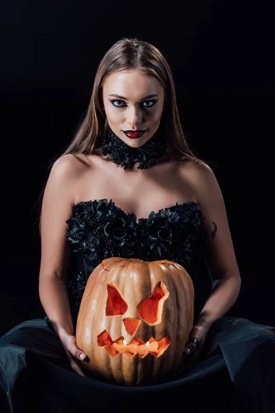 Scary Vampire Girl Black Gothic Dress Holding Carved Halloween Pumpkin — Stock Photo, Image