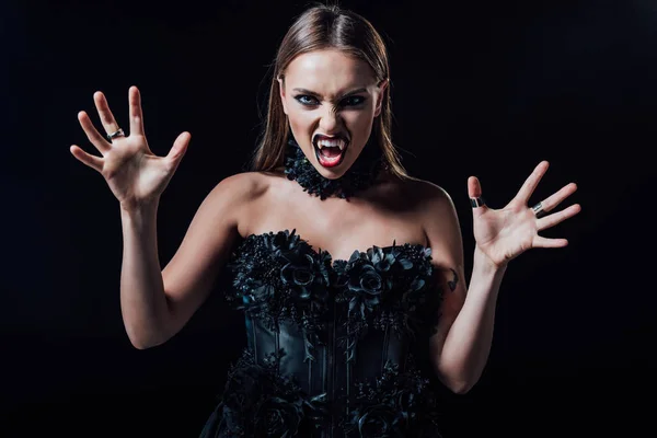Scary Vampire Girl Fangs Black Gothic Dress Isolated Black — Stock Photo, Image