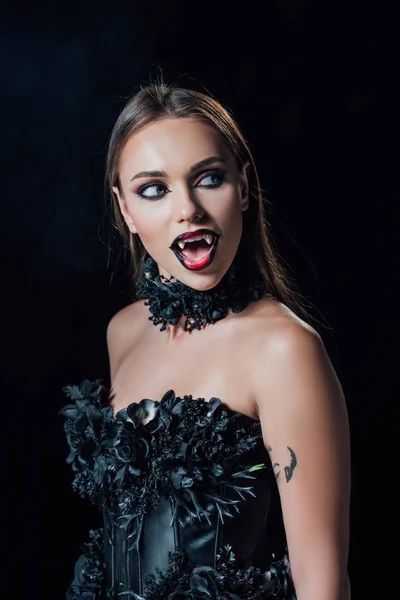 Scary Vampire Girl Fangs Black Gothic Dress Open Mouth Looking — Stock Photo, Image