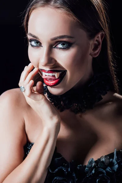 Scary Vampire Girl Showing Fangs Black Gothic Dress Isolated Black — Stock Photo, Image