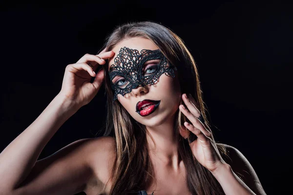 Naked Scary Vampire Girl Masquerade Mask Touching Face Isolated Black — Stock Photo, Image