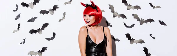Panoramic Shot Girl Devil Halloween Costume White Wall Decorative Bats — Stock Photo, Image