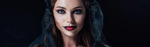 Panorama Menembak Gadis Vampir Menakutkan Dalam Gaun Gothic Hitam Dan — Stok Foto