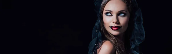 Panoramic Shot Scary Vampire Girl Black Gothic Dress Veil Looking — Stock Photo, Image