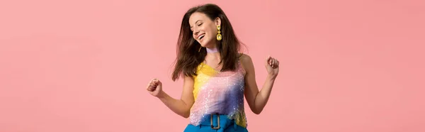 Panoramic Shot Excited Young Stylish Disco Girl Dancing Isolated Pink — Stock Photo, Image