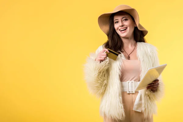 Happy Elegant Girl Faux Fur Jacket Hat Holding Digital Tablet — Stock Photo, Image