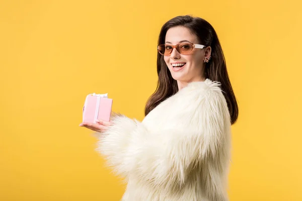 Happy Party Girl Faux Fur Jacket Sunglasses Holding Gift Box — Stock Photo, Image