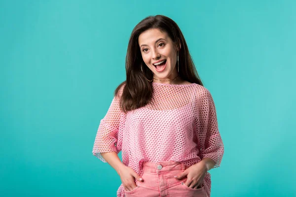 Excited Girl Open Mouth Pink Outfit Standing Hands Hips Isolated — Stock Photo, Image