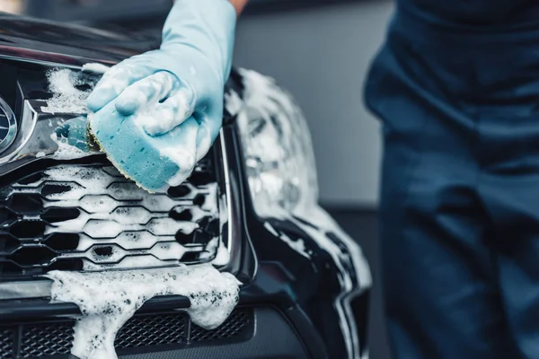 Partial View Car Cleaner Washing Car Sponge Detergent — Stock Photo, Image